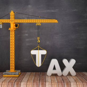 Tower Crane with TAX Word on Chalkboard Background - 3D Rendering