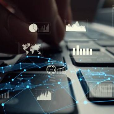 Creative visual of business big data and finance analysis on computer showing concept of statistical investment decision making methodology, fintech and financial engineering .